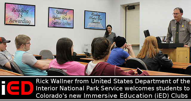 Rick Wallner from the United
              States Department of the Interior National Park Service
              welcomes students to Colorado's new Immersive Education
              (iED) Club